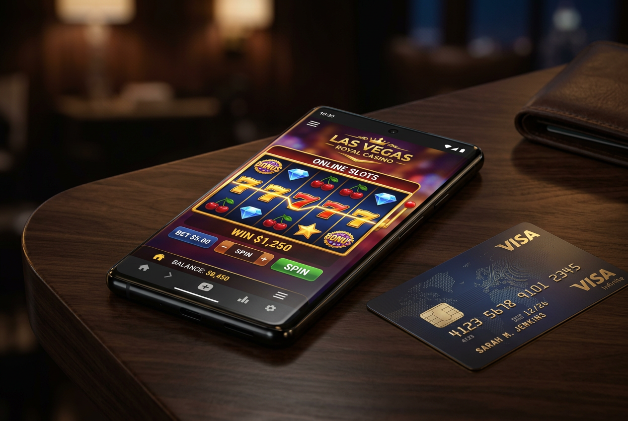 A premium smartphone displaying an online casino app with a Visa card nearby.