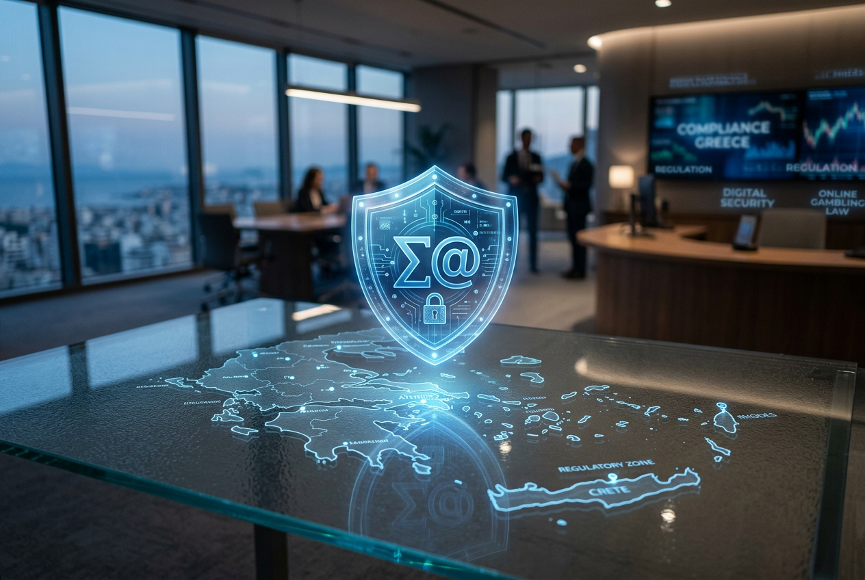 A conceptual image representing security and regulation in the Greek gaming market.
