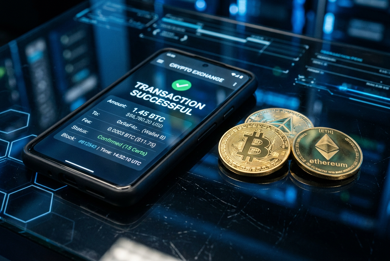 Smartphone screen showing cryptocurrency transactions and digital gold coins.
