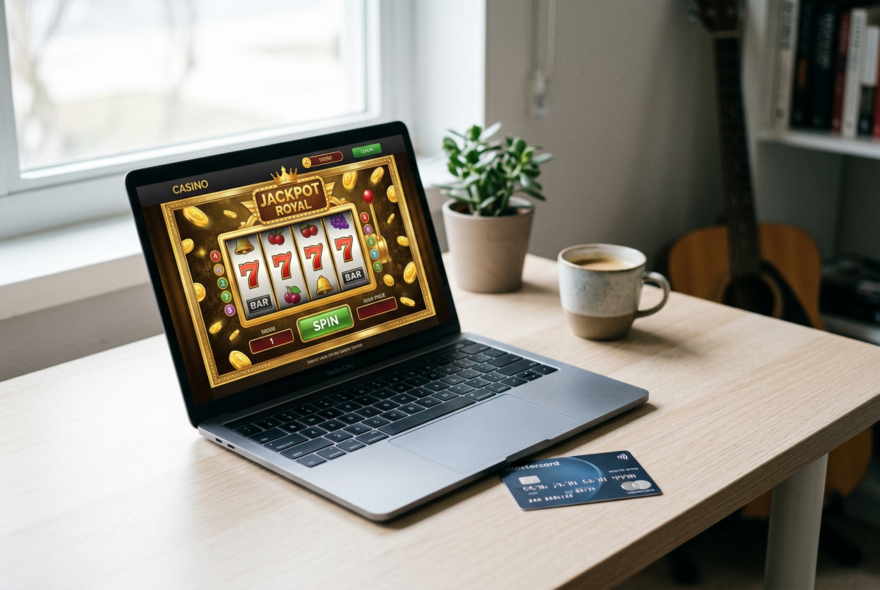 A modern laptop displaying a casino game with a Mastercard placed next to the keyboard on a clean white desk.