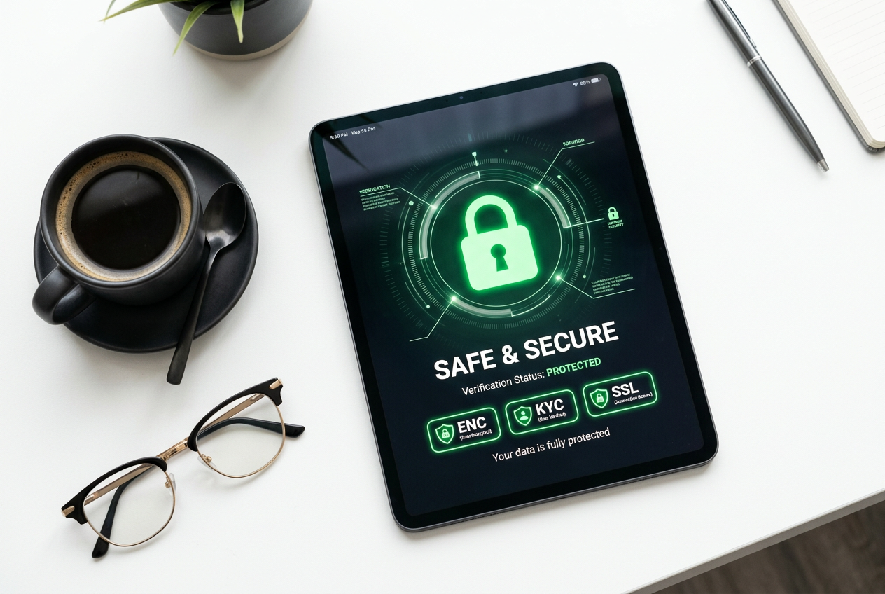 A digital tablet showing a green padlock and security certificates for online gambling.