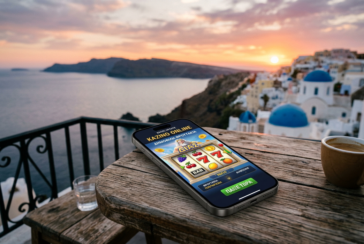 A high-end smartphone showing a casino app on a wooden table with a view of an Aegean sunset in the background.