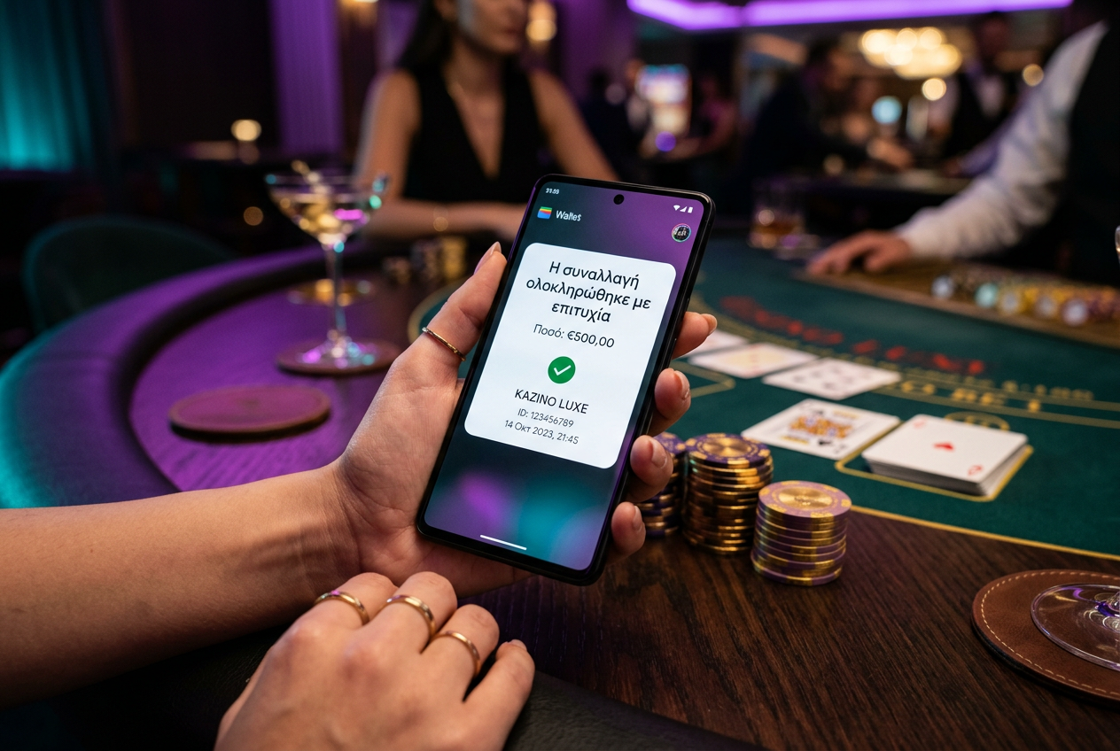 A close-up of a smartphone screen showing a secure digital wallet transaction next to casino gaming chips.
