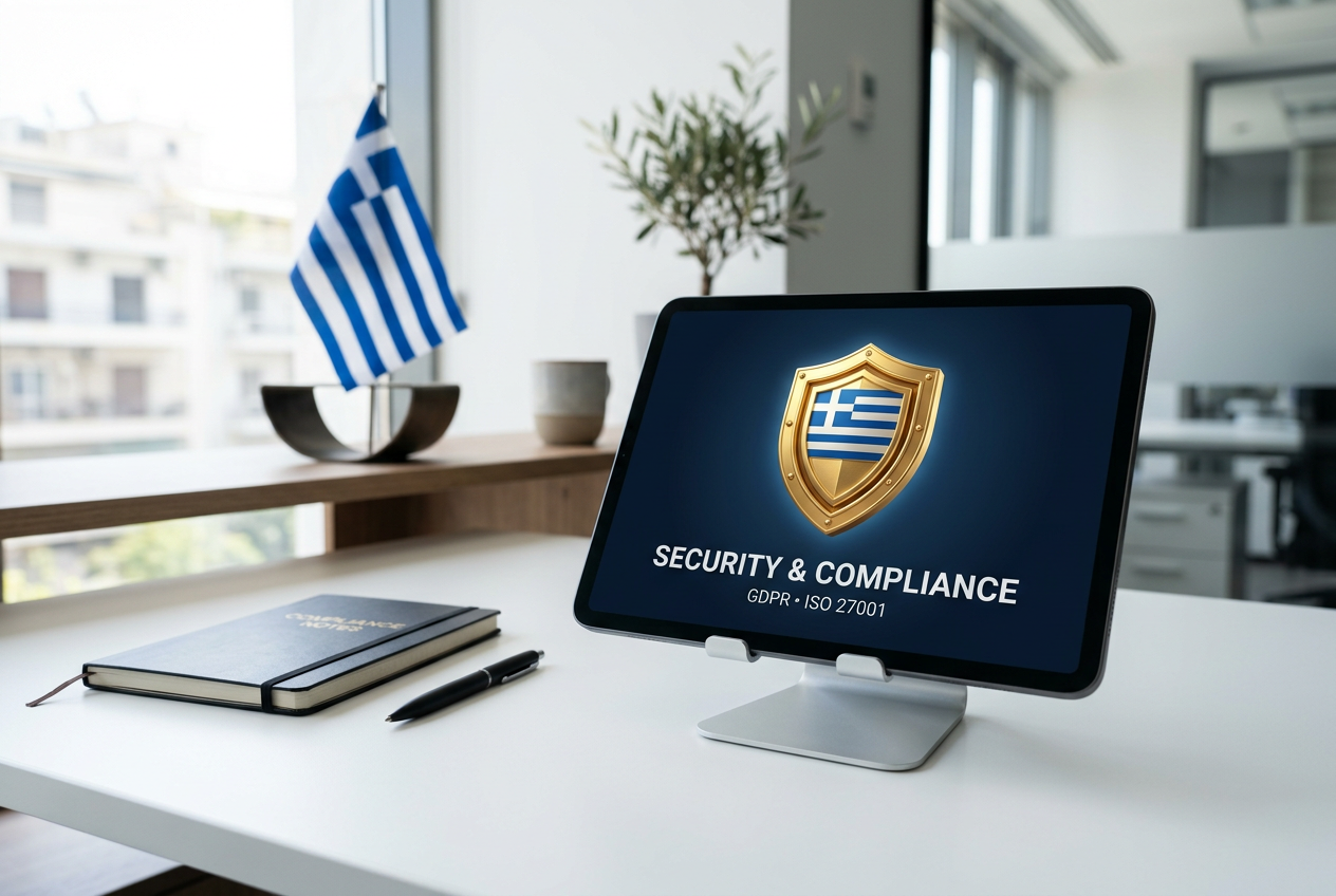 A digital security shield and a tablet representing safe online casino regulations in Greece.